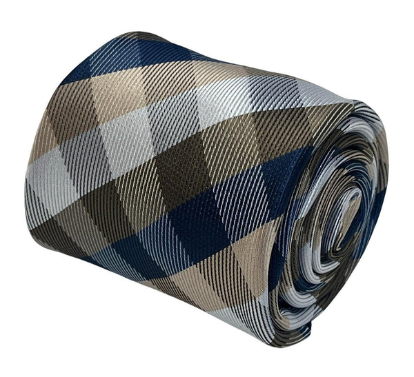 Gold, silver and navy dark blue plaid checked tie